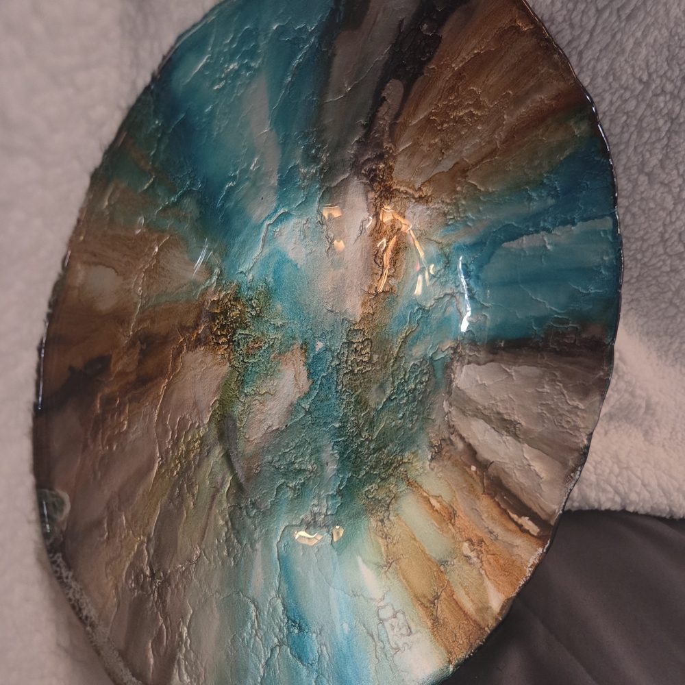Stunning Large Multicolored Art Glass Bowl Blue, Brown,& White Swirl Centerpiece - Picture 12 of 15